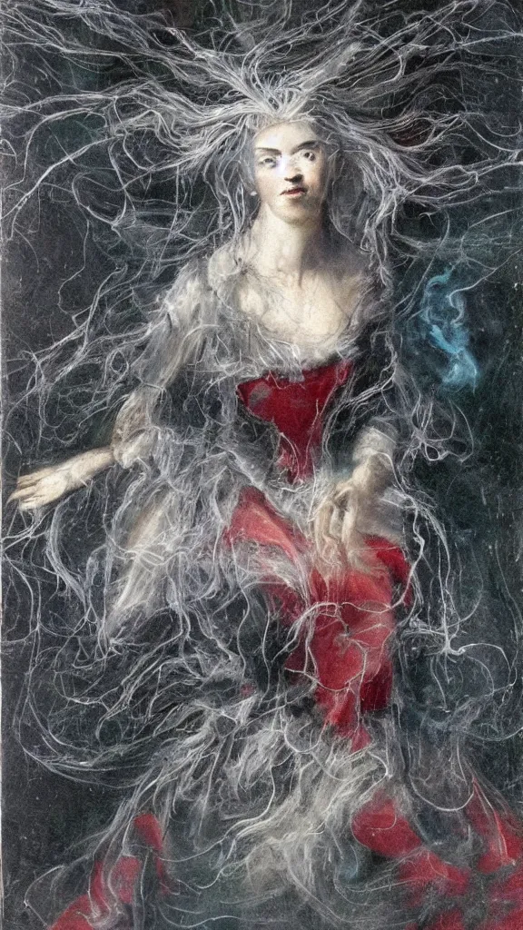 Prompt: A 18th century, messy, silver haired, woman half spider, dressed in a red wedding dress. Everything is underwater and floating. Mystical, dreamlike, atmospheric, scarry, horroristic shadows, ((greenish blue tones)), theatrical, (((underwater lights))), high contrasts. fantasy oil canvas, inspired by Henry Wallis's The Death of Chatterton,