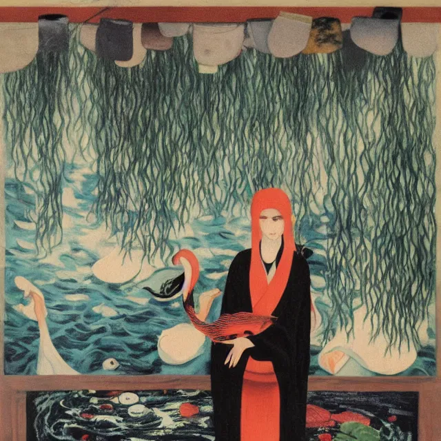 Image similar to tall emo female artist holding a large fish in her flooded kitchen, seaweed, pomegranates, octopus, water gushing from ceiling, painting of flood inside an artist's apartment, a river flooding indoors, ikebana, zen, rapids, waterfall, black swans, canoe, berries, acrylic on canvas, surrealist, by magritte and monet