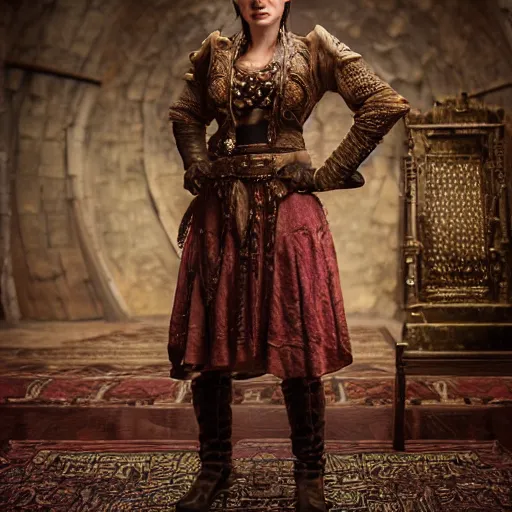 Prompt: the elder scrolls vi, charismatic regal brunette female jarl, portrait, rustic throne room, atmospheric lighting, painted, intricate, volumetric lighting, beautiful, daytime,, slight overcast weather, 4 0 0 0 k, sharp focus, deep colours, ultra detailed, by leesha hannigan, ross tran, thierry doizon, kai carpenter, ignacio fernandez rios