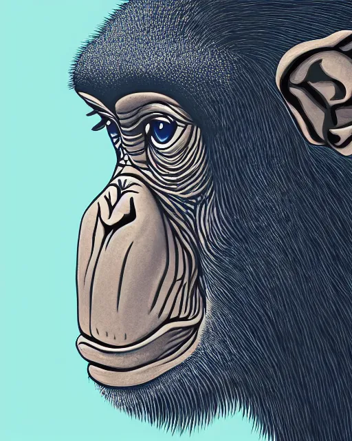 Image similar to gold, blue, illustration of a chimpanzee, 8 k, 8 5 mm f 1. 8