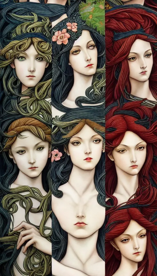 Prompt: 12 figures, representing the 4 seasons, (3 are Winter, 3 are Spring, 3 are Summer and 3 are Autumn), in a mixed style of Botticelli and Æon Flux!!, inspired by pre-raphaelite paintings, shoujo manga, and cyberpunk, stunningly detailed, stunning inking lines, flat colors, 4K photorealistic