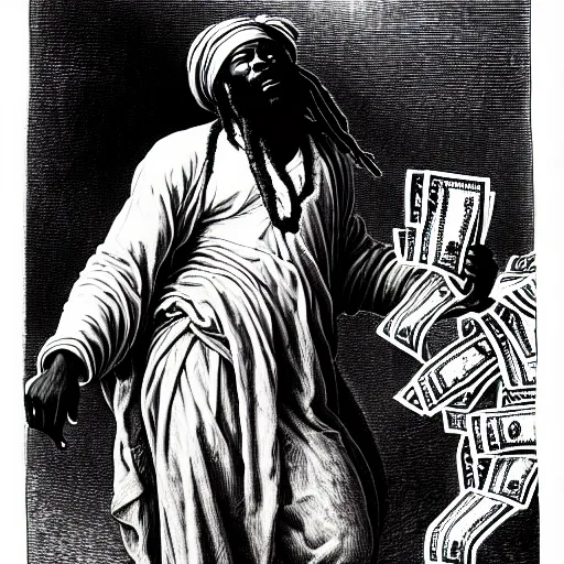 Image similar to black man with dreads ascending into heaven holding stacks of cash, biblical image, style of gustave dore, highly detailed, beautiful, high contrast, black and white