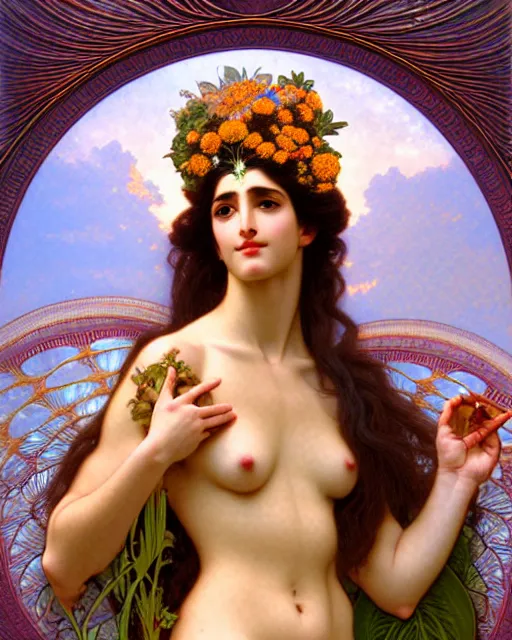 Prompt: goddess of nature, unusual beauty, fauna, flowers, plants, emotionally evoking symbolic metaphors, head in focus, fantasy, ornamental, intricate, elegant, sensual, highly detailed digital painting, artstation, concept art, painterly, golden ratio, sharp focus, illustration, art by John William Godward and Alphonse Mucha and Boris Vallejo and Arcimboldo and Zdzisław Beksiński,