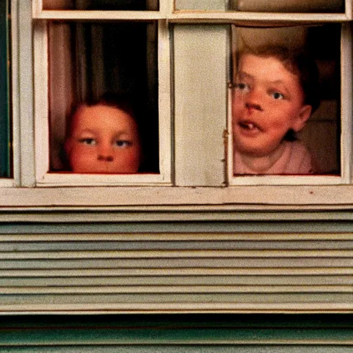 Image similar to Zoomed cropped closeup of unexpected voyeuristic eye contact with neighbor in window, Technicolor, telephoto lens, vintage photograph