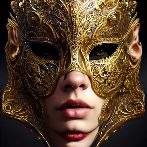 Image similar to Very very very very highly detailed epic photo of full face with beautiful ornamental venetian mask, intricate, dystopian, sci-fi, extremely detailed, digital painting, artstation, concept art, smooth, sharp focus, illustration, intimidating lighting, incredible art by Artgerm and Vincent di Fate and Anton Pieck