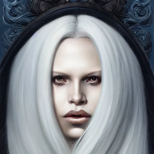 Image similar to a detailed matte oil on canvas head on symmetrical portrait of black skinned woman with!! long white hair!! and ( ( ( pale greenish ) ) ) hair, clothed by charlie bowater, lise deharme, wlop, trending on artstationhd, dungeons and dragons art critical role