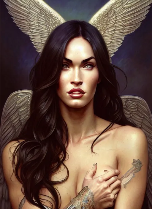 Image similar to portrait of megan fox as an sultry blonde angel, wings, bible, intricate, headshot, highly detailed, digital painting, artstation, concept art, sharp focus, cinematic lighting, illustration, art by artgerm and greg rutkowski, alphonse mucha, cgsociety