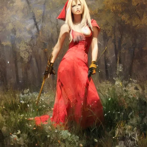 Prompt: Richard Schmid and Jeremy Lipking and antonio rotta, full length painting of female red mage from Final Fantasy