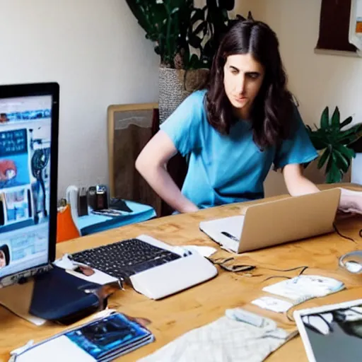 Prompt: A photo of hila klein sitting on a computer scrolling a webpage of etsy.com with clothes designs