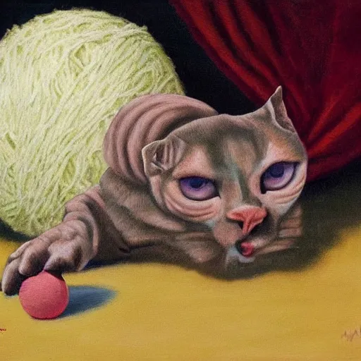 Image similar to painting of a devon rex, cornish rex cat playing with a ball of yarn, magritte