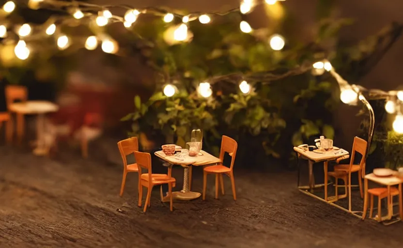 Prompt: mini cafe diorama macro photography, cafe for tiny animals, ambient, atmospheric photograph, string lights, romantic