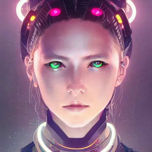 Image similar to symmetry portrait of a young female cyberpunk samurai, sci - fi, tech wear, glowing lights intricate, elegant, highly detailed, digital painting, artstation, concept art, smooth, sharp focus, illustration, art by artgerm and greg rutkowski and alphonse mucha