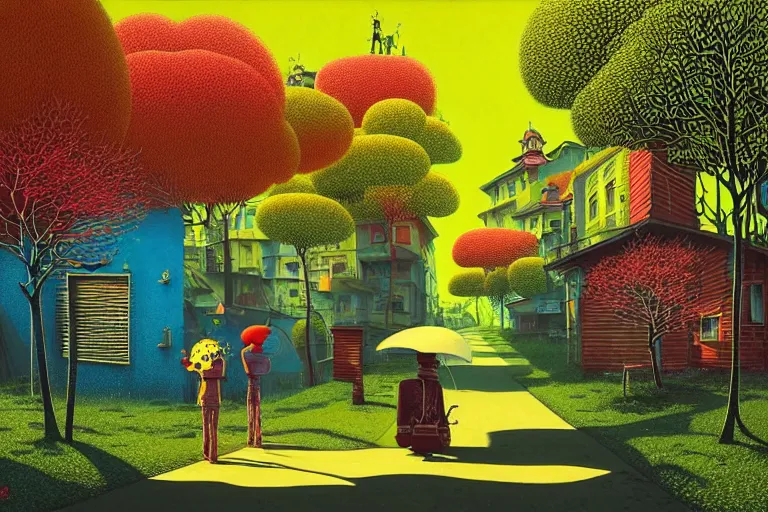 Image similar to surreal glimpse into other universe, jalan - jalan cari makan, summer morning, very coherent and colorful high contrast, art by!!!! gediminas pranckevicius!!!!, geof darrow, floralpunk screen printing woodblock, dark shadows, hard lighting, stipple brush technique,