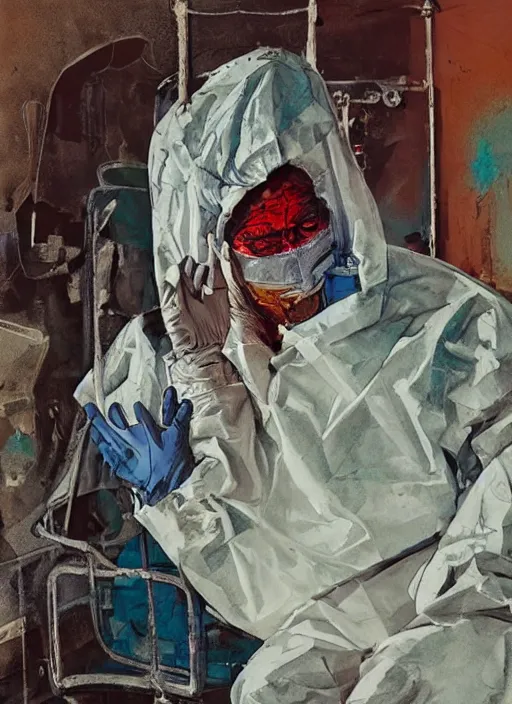 Prompt: an exhausted doctor in a hazmat suit, inside an old Romanian hospital room,. intricate artwork, 8k, Illustration by Alex maleev, James Jean, Adrian Ghenie and Francis Bacon, highly detailed, very coherent, rich colours