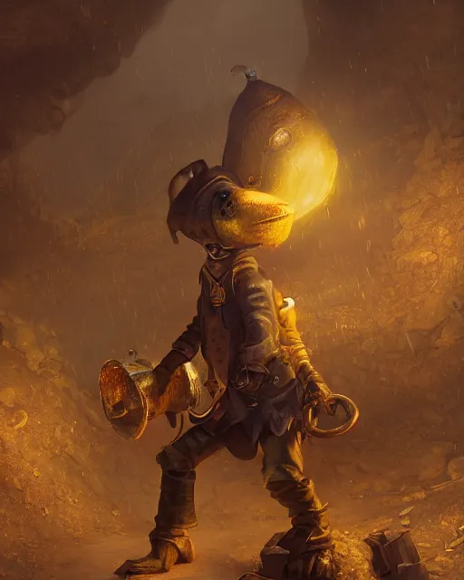 Image similar to oil painting of poor anthropomorphized mole mining gold, full body, sharp focus, fantasy style, dark steampunk mine shaft backround, octane render, volumetric lighting, 8k high definition, by greg rutkowski, highly detailed, trending on art Station