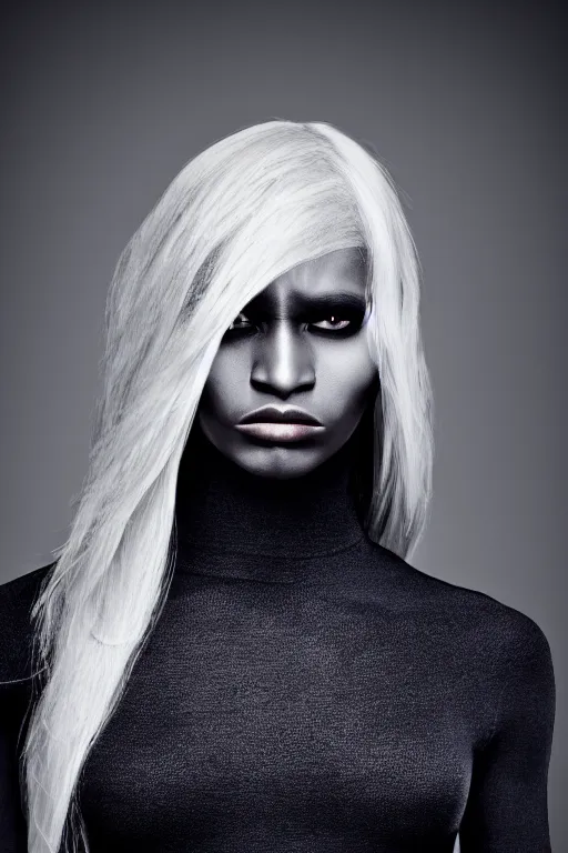 Image similar to very angry female drow envoked by hugo boss for modeling in hugo boss clothes, luxury materials, symmetrical, cinematic, elegant, professional studio light, real dlsr photography, sharp focus, 4 k, ultra hd, sense of awe, high fashion