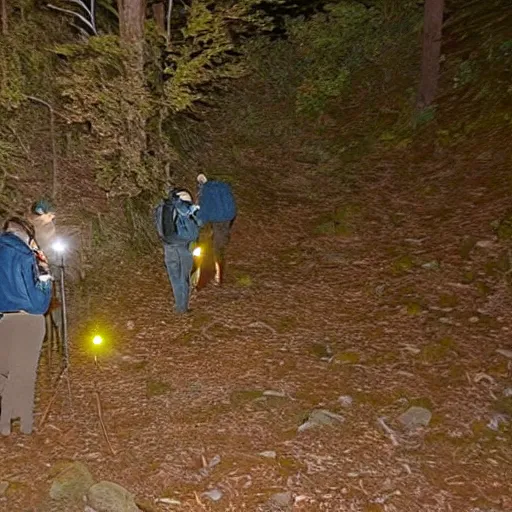 Prompt: stills from night camera footage of missing hikers