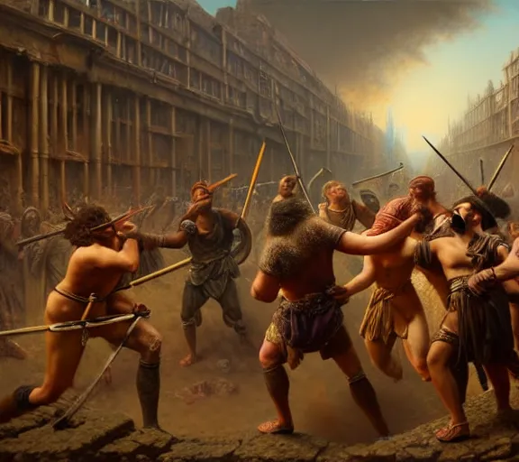 Image similar to an epic matte painting of podcasters, podcasters and YouTube streamers and TikTok stars fighting in the streets of an ancient during the bronze age collapse, soft lighting, very coherent, oil on canvas in the style of John grimshaw,