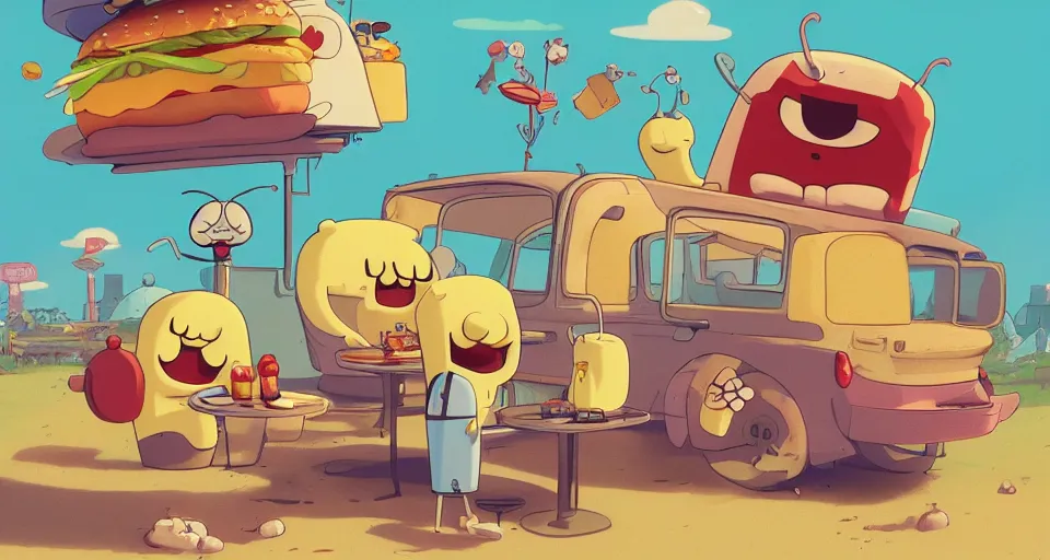 Image similar to cartoon hamburgers giving hugs, honey every where, bees, in the style of adventure time, the amazing world of gumball, pixar, toki doki, greg rutkowski and makoto shinkai, trending on artstation