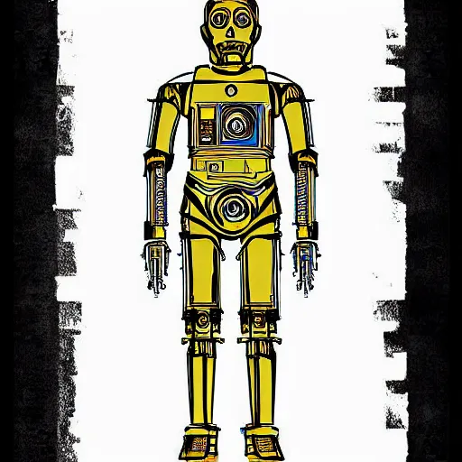 Image similar to technical blueprint of C3PO, Digital art