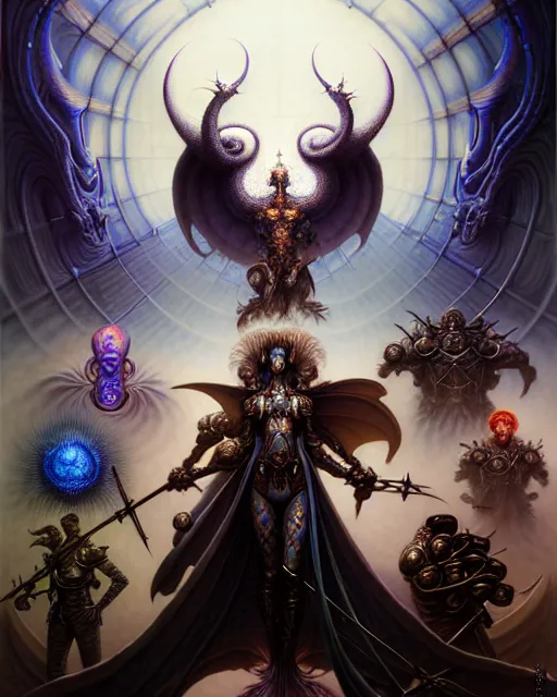 Image similar to a portrait of the armies of good and evil, fantasy character portrait made of fractals facing each other, ultra realistic, wide angle, intricate details, the fifth element artifacts, highly detailed by peter mohrbacher, hajime sorayama, wayne barlowe, boris vallejo, aaron horkey, gaston bussiere, craig mullins