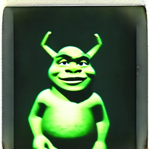 Image similar to 1 9 6 0's old polaroid of shrek staring from the depths of the dark gloomy forest, photorealistic, grainy, found footage, old film, low quality, horror, creepy, unsettling, liminal, strangely terrifying