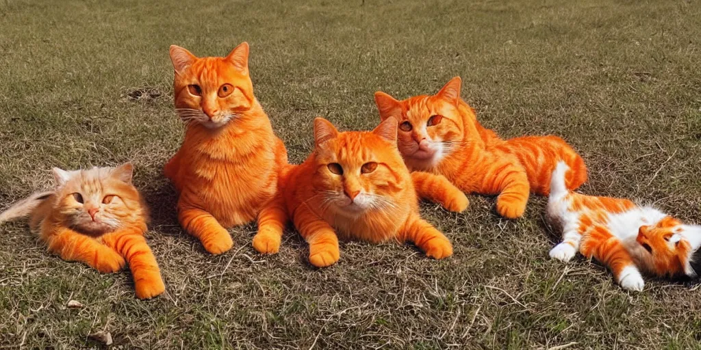 Prompt: three orange cats and two grey cats relaxing in a field