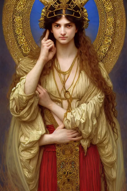 Image similar to Portrait of historically accurate, biblical, sneering, young, wicked, terrible, evil, pagan, beautiful, queen jezebel of ancient Israel, wearing gilded robes, long hair, intricate, elegant, highly detailed, masterpiece, illustration, art by artgerm and greg rutkowski and alphonse mucha and Wayne Barlowe and william-adolphe bouguereau, highly detailed, trending on artstation, award winning