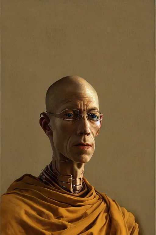 Image similar to robot monk painting a self - portrait on a canvas. intricate, highly detailed, photorealistic, film still, by vdragan bibin.