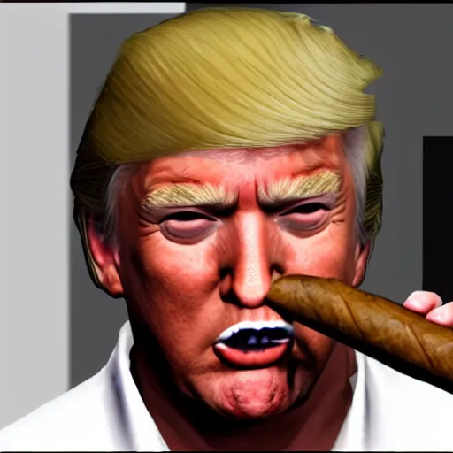 Image similar to gta v closeup Donald Trump holding cigar in his teeth, wearing badly stained white singlet