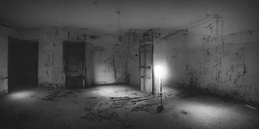 Image similar to nighttime, a very dark empty room at night lit only by candlelight, black and white, grungy