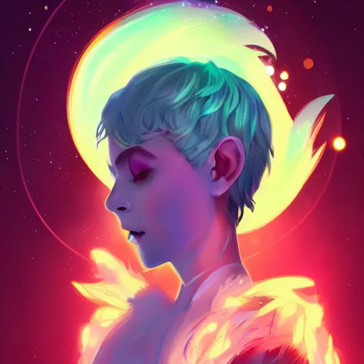 Image similar to a nonbinary changeling with a starry cloak, aurora colored hair, curious expression, character art, full body art, trending on artstation, artgerm, 4k ultra hd, sharp focus, digital art by Ilya Kuvshinov and Ross Tran,