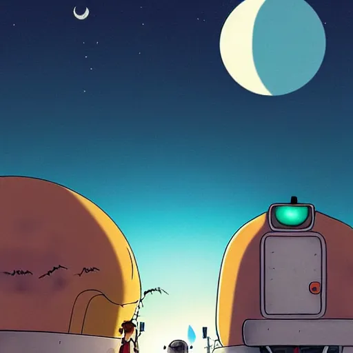 Image similar to a study of cell shaded cartoon caterpillar train from howl's moving castle ( 2 0 0 4 ) on a desert road, in front of a big moon, full body, wide shot, very muted colors, post grunge, studio ghibli, laurie greasley, highly detailed, deviantart, art by artgem