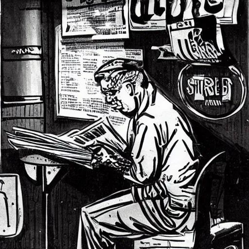 Prompt: man reading newspaper in a bar, grimy, steel, oil,'5 0 s, mechanised, punk cousin of steampnk style