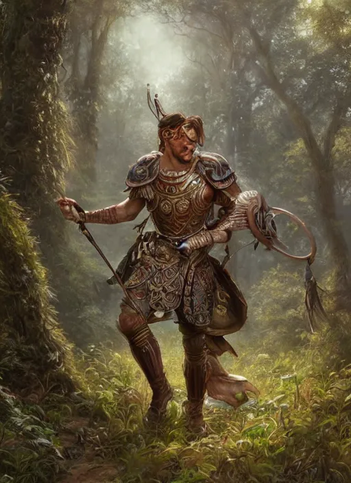 Image similar to intricate detailed portrait painting of a male warrior on a beautiful forest meadow, temple ruins surrounded by lush forest, afternoon, art by ralph horsley and swanland and tyler edlin and artgerm and greg rutkowski, atmospheric lighting, dynamic lighting