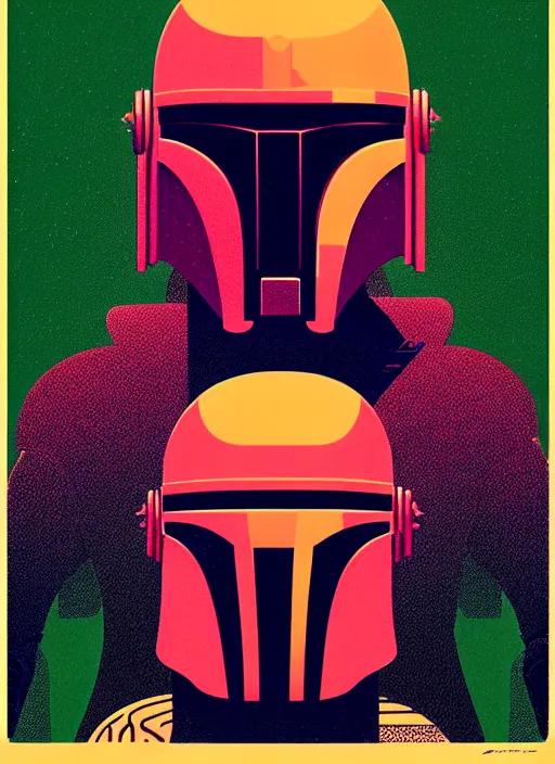 Image similar to ( ( dither ) ), cannabis editorial illustration portrait of mandalorian, modern art deco, colorful, ( ( mads berg ) ), christopher balaskas, victo ngai, rich grainy texture, detailed, dynamic composition, wide angle, moebius, matte print, linocut wood block print