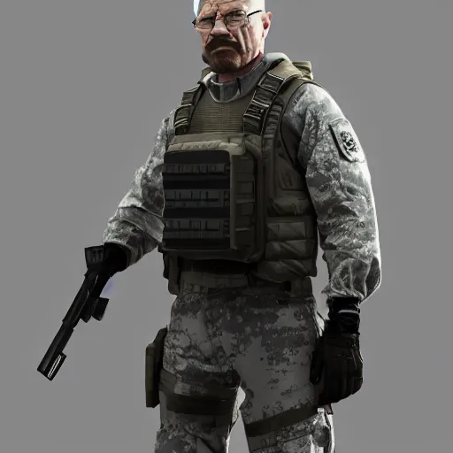 Image similar to Walter White wearing heavy modern military gear and holding a bulletproof shield, highly detailed, 8k octane render