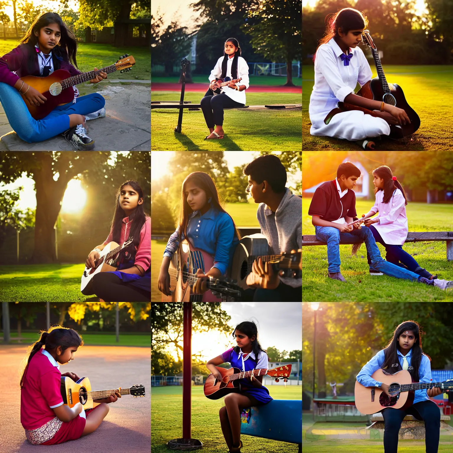 Prompt: A young Indian teenage girl in school uniform sitting, playing a guitar to her English boyfriend, on the school playground, England, golden hour, dramatic lighting, extremely detailed