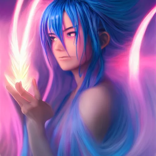 Image similar to rimuru tempest from tensura holding purple fire in her palm, overlooking piltover, straight hair, sky blue hair, long bangs, award winning photography, cinematic, digital painting, cinematic, wlop, 8 k, by ross tran, tom bagshaw