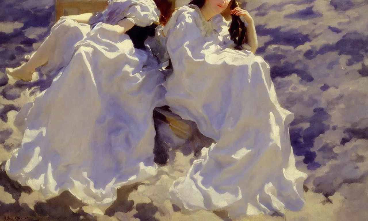 Prompt: Girl sitting on the Notre-Dame Cathedral Day Clouds happy joyful vibrant skirt cape high resolution painterly in the art style John Singer Sargent