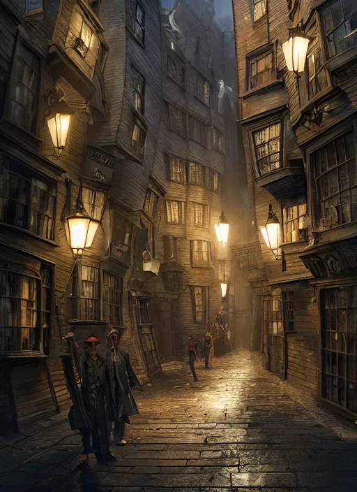 Image similar to diagonalley from the harry potter movie, dramatic lighting, cinematic, establishing shot, extremly high detail, foto realistic, pirates of the carribean, cinematic lighting, post processed, concept art, artstation, matte painting, style by eddie mendoza, raphael lacoste, alex ross