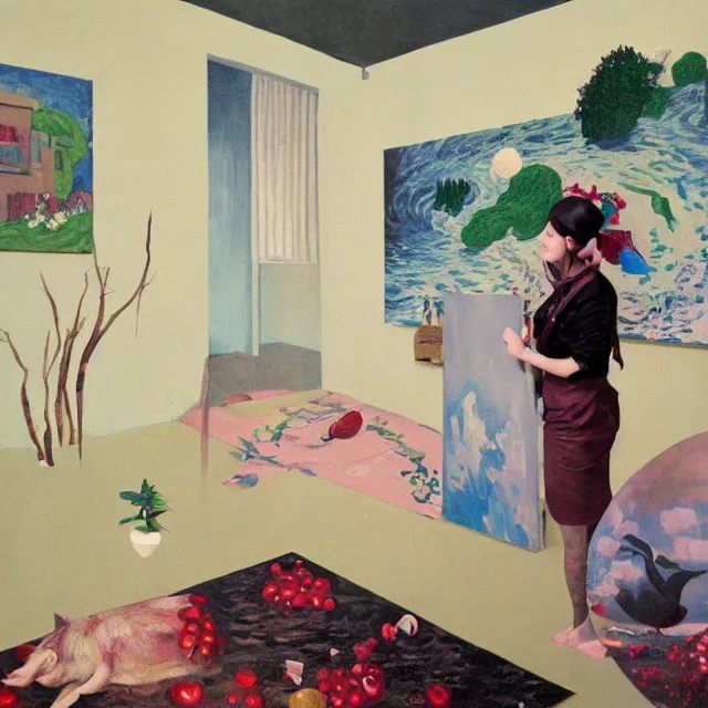 Image similar to female emo art student in her apartment, painting of flood waters inside an artist's feminine bedroom, a river flooding indoors, pomegranates, pigs, ikebana, water, octopus, river, rapids, waterfall, black swans, canoe, berries, acrylic on canvas, surrealist, by magritte and monet