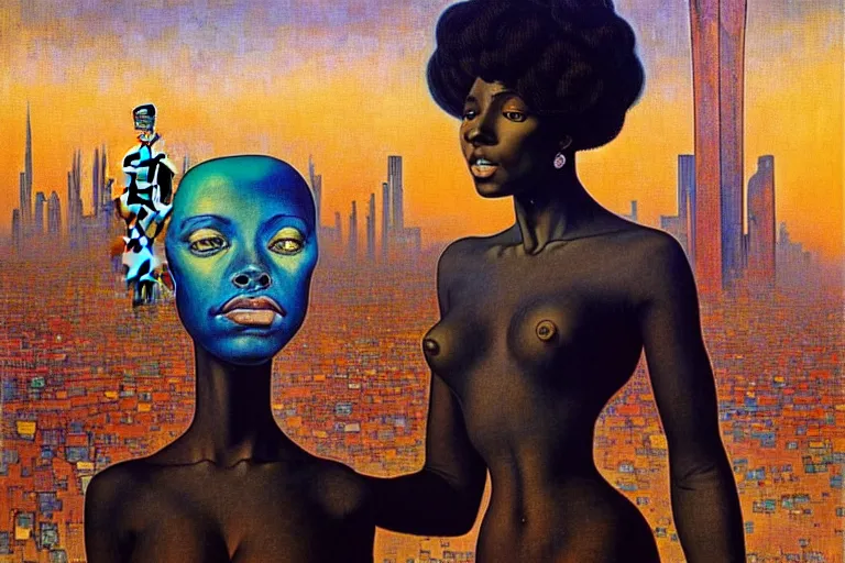 Image similar to realistic extremely detailed portrait painting of a beautiful black woman with a robot, city street on background by Jean Delville, Amano, Yves Tanguy, Ilya Repin, Alphonse Mucha, Ernst Haeckel, James C. Christensen, Edward Robert Hughes, Roger Dean, rich moody colours