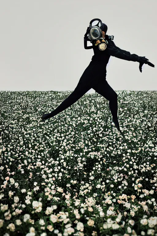 Image similar to a surreal portrait of a woman wearing gas mask diving into the ground of black flowers in the style of brooke didonato, editorial fashion photography from vogue magazine, full shot, nikon d 8 1 0, ƒ / 2. 5, focal length : 8 5. 0 mm, exposure time : 1 / 8 0 0, iso : 2 0 0