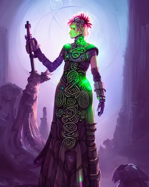 Prompt: celtic scifi druid of the highlands, wearing a lovely dress with cyberpunk details. this oil painting by the award - winning mangaka has an interesting color scheme and impeccable lighting.