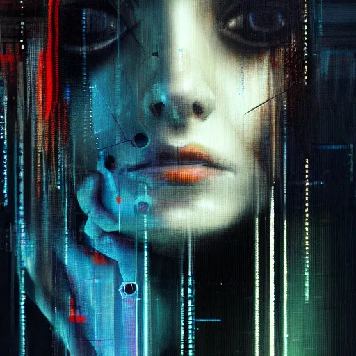 Image similar to hyperrealistic portrait of a mysterious cyberpunk woman, by Guy Denning, Johannes Itten, Russ Mills, glitch art, hacking effects, glitch effects, digital tech effects, cybernetics, detailed lings, chromatic, color blocking!, oil on canvas, octane, concept art, abstract, 8k, trending on artstation