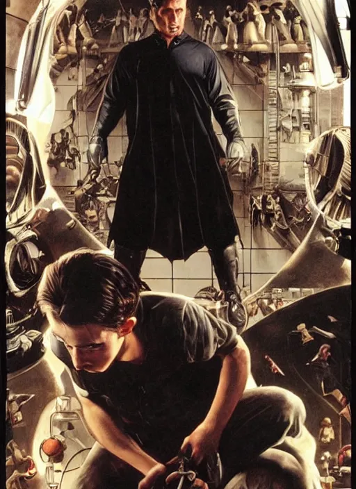 Image similar to christian bale as john preston vs father in 2002 movie equilibrium, by norman rockwell and jason fabok and tom lovell and frank schoonover and dean cornwell and jack kirby