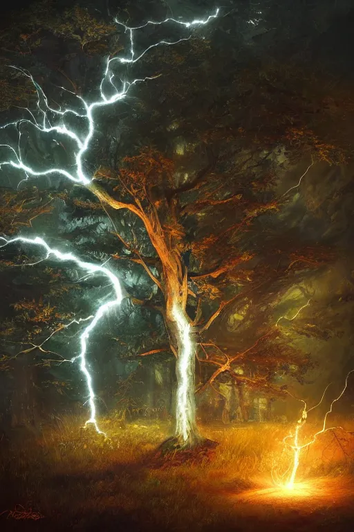 Image similar to a tree with lightning leaves, overexposure, electricity, night, unreal engine, digital art, 8 k, oil painting, fantasy art, illustration, detailed and intricate environment