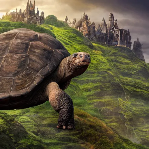 Image similar to giant tortoise walking with a large fantasy castle rising growing from the top of it, distant shot birds eye view, fantasy, hyper detailed, 4 k, howls moving castle, mortal engines,