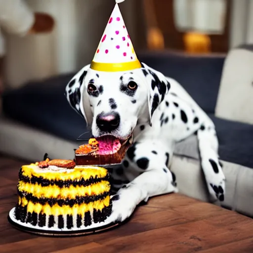 Image similar to photo of dalmatian dog with birthday hat eating a birthday cake,